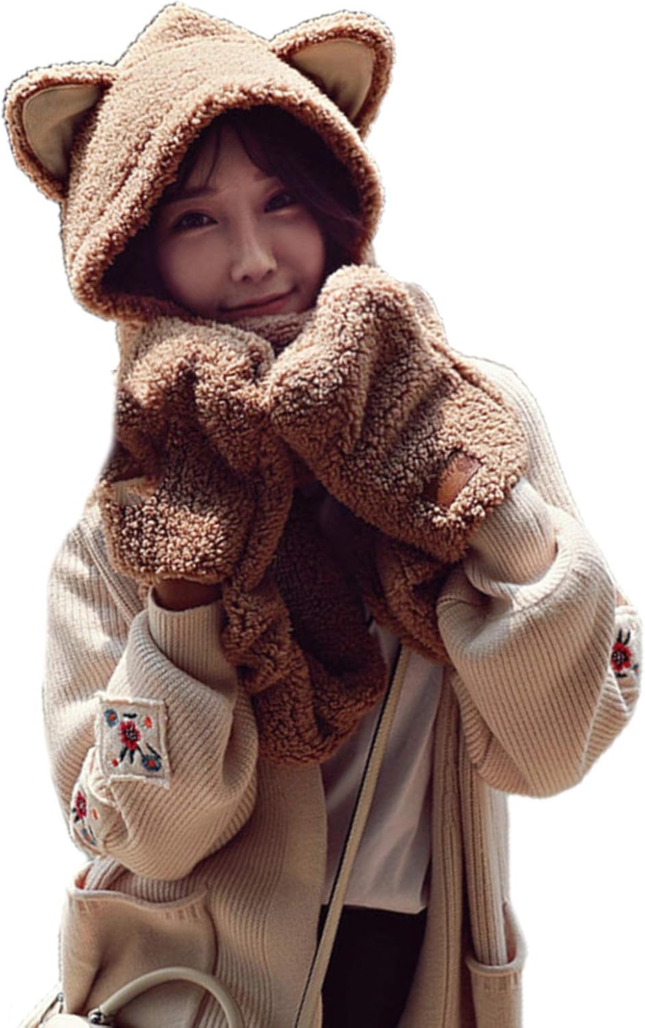 Scarf,Parent-Child Cute Cartoon Ears Winter 3 In 1 Scarf Hat Gloves Thicken Plush Warm Hoodie Earflap Beanie Cap Scarf(Khaki,Large)