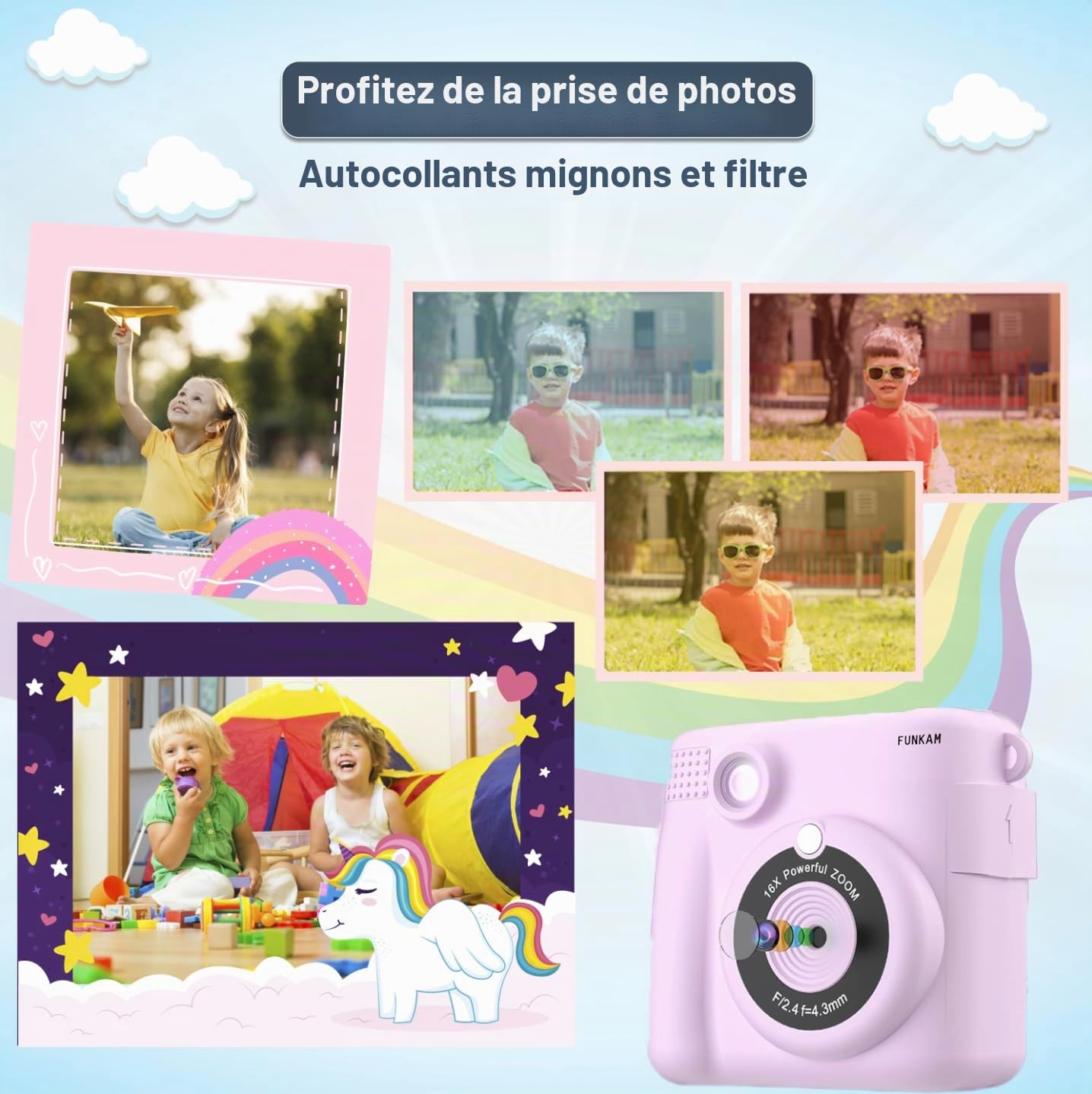 Appareil Photo Enfant Instantanée - 2,4" HD 1080P - avec Carte SD 32 GB, 5 Marqueurs, Autocollants, 5 Rouleaux de Papier, Pendentif. Appareil Photo Enfants et Filles de 3 à 14 Ans.
