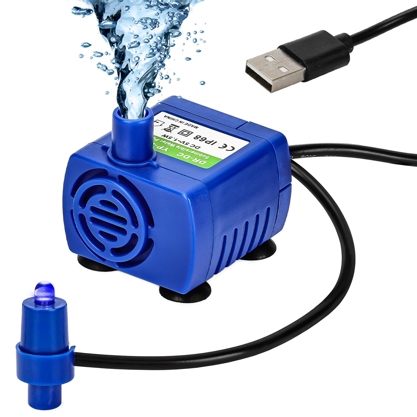 Submersible Water Pump, Small USB Quiet Cat Water Fountain Pump for Pet, Fish Tank, Aquarium DC5V 1.5W 200L/H with Light (4, Blue)