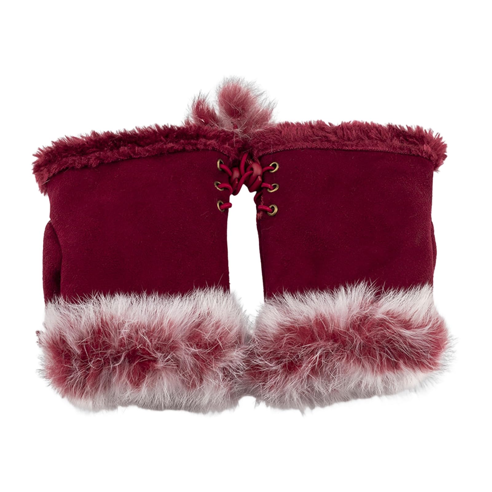 pofluany 1 Pair Women Winter Mittens Adjustable Drawstring Thick Plush Faux Fur Windproof Anti-slip Student Writing Gloves Keep Warm Fingerless Typing Mittens Wine Red