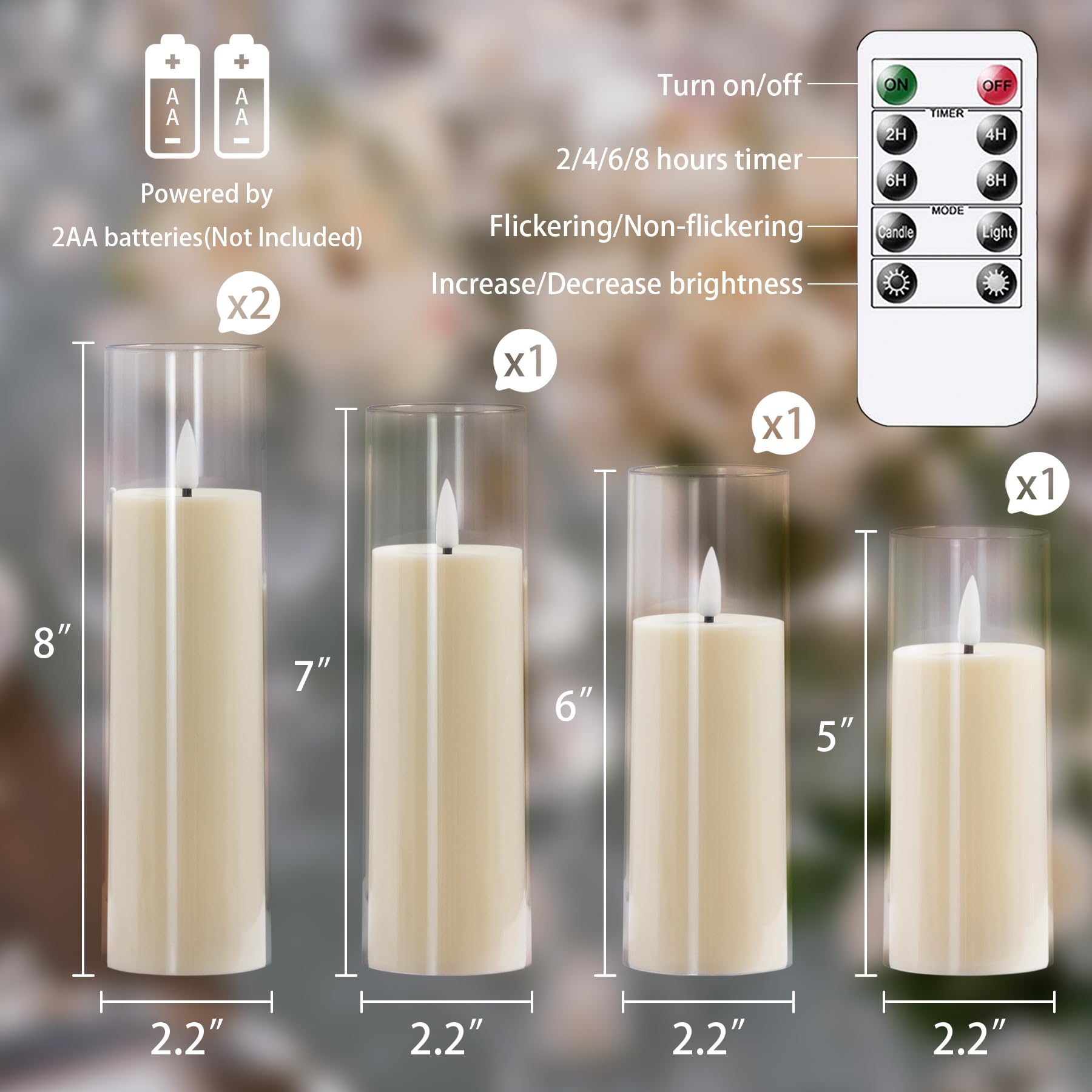Yeelida Candele LED a batteria senza fiamma con 2 Temporizzazioni remote,Confezione da 6 candele tremolanti a lunga durata da 16 cm (diametro 2 cm, avorio