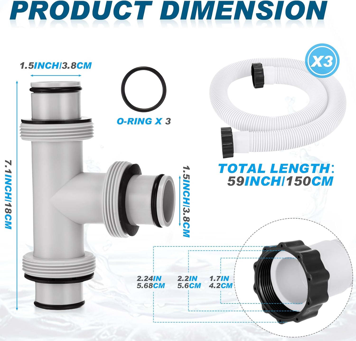 Frienda 1.5" to 1.5" T Joint Pool Hose Connector with 3 Pcs 1.5" Diameter Pump Replacement Hose 59" Long, Pool Hose Adapter and Replacement Accessories Fitting for Filter Pump(White)