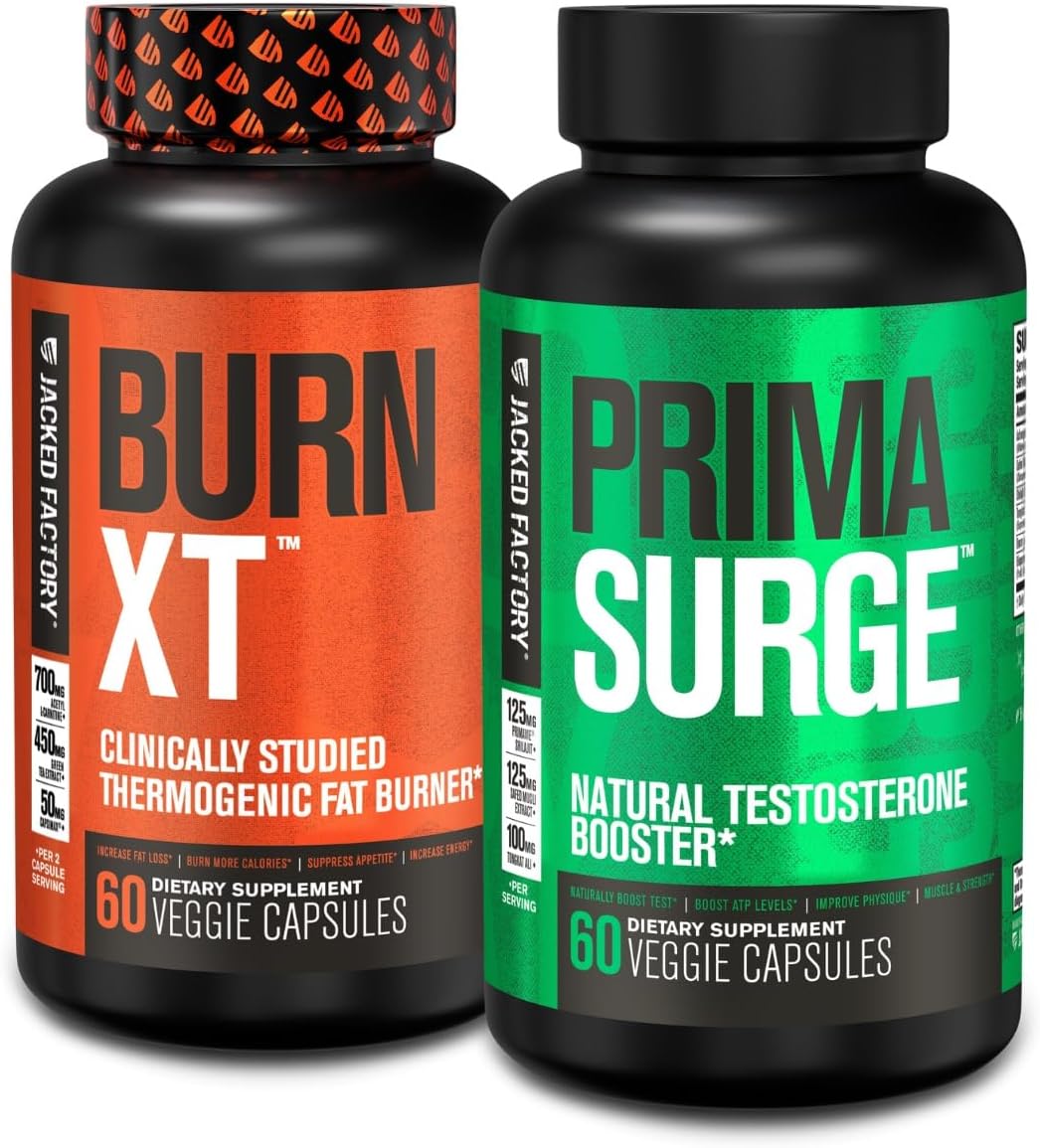 Jacked Factory Fat Burner & Testosterone Booster Stack for Men - Burn-XT Thermogenic Fat Burner & PRIMASURGE Testosterone Booster for Men