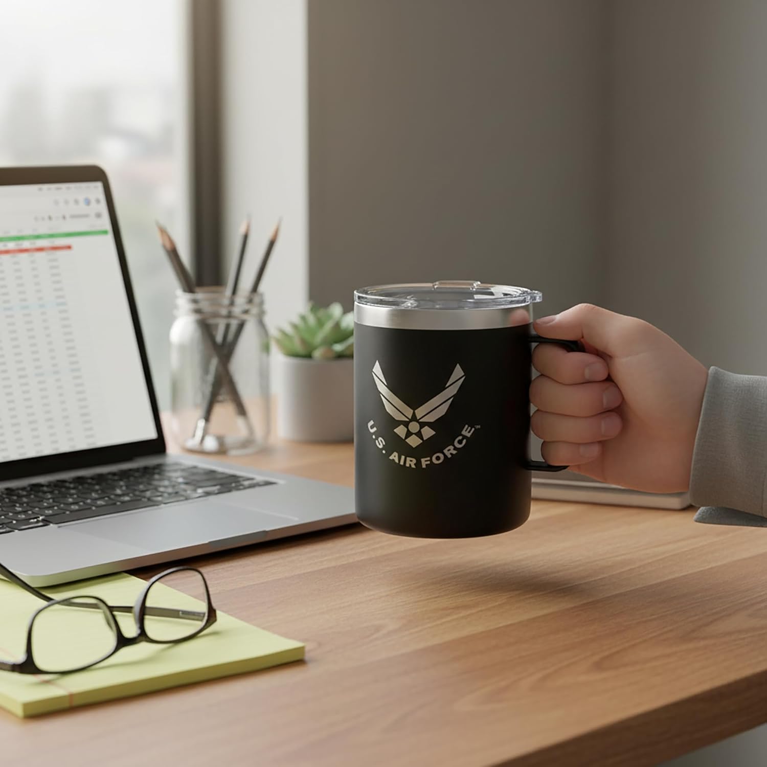 Military Gift Shop U.S. Air Force Coffee Tumbler – Vacuum Insulated Stainless Steel Mug with Handle and Lid, Double Wall Travel Cup, 12oz USAF 1947 Design - Image 5