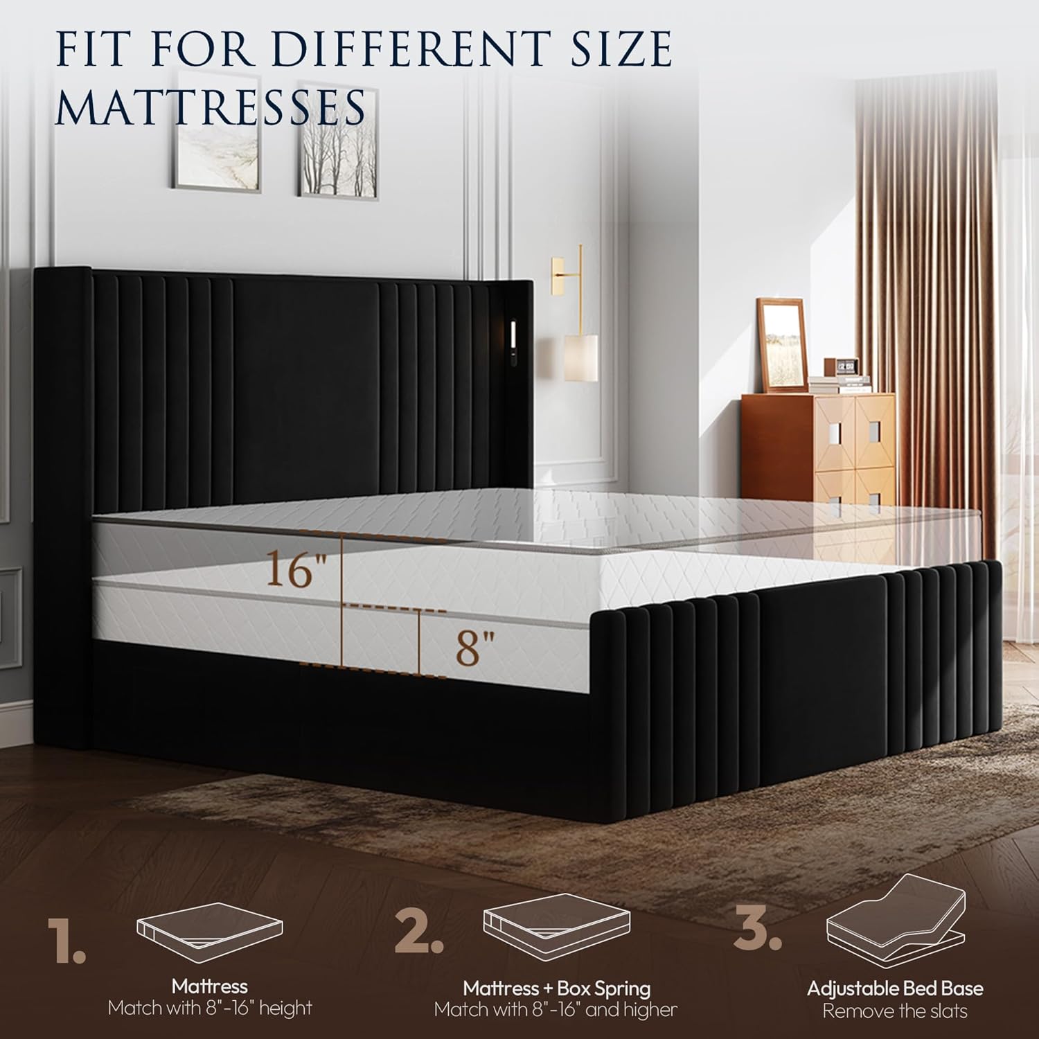 King Size Bed Frame with 55.1" Tall Headboard, Velvet Upholstered Platform Bed with Channel Tufted Wingback, 2 Reading Lights/Storage Shelf/Charging Station/Easy Assembly/Noise-Free, Black