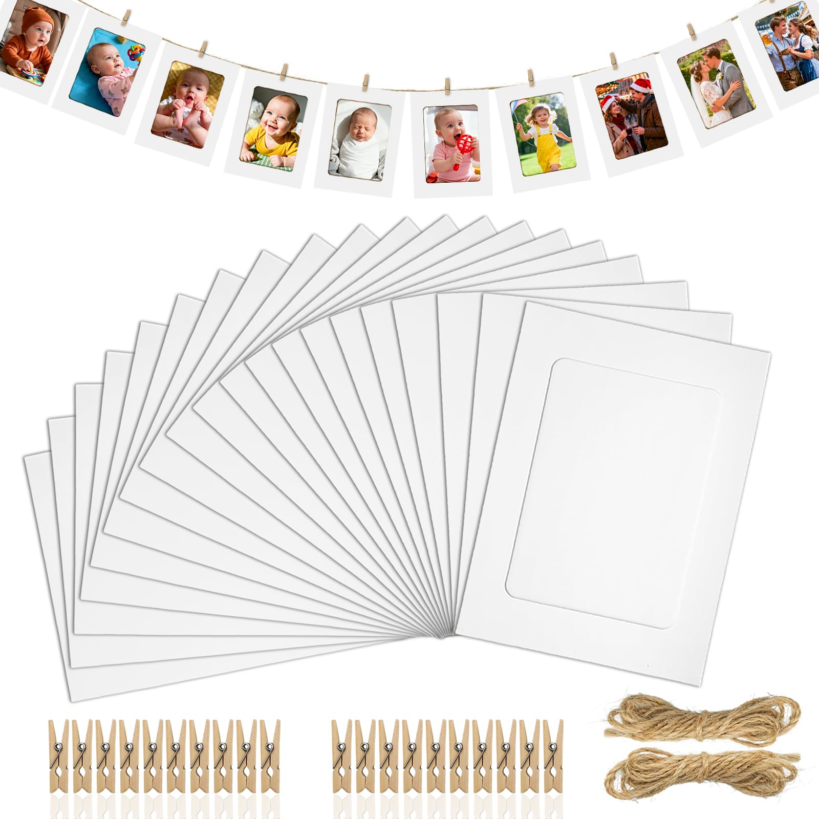 XIANGLONGY 20 Stück Hängende Papier Fotorahmen, Papier Bilderrahmen 11.5 x 15.5 cm, DIY Fotogirlande mit Juteseil & Holzklammern für Geburtstag Hochzeit Party Jubiläum Deko Foto Banner (Weiß)