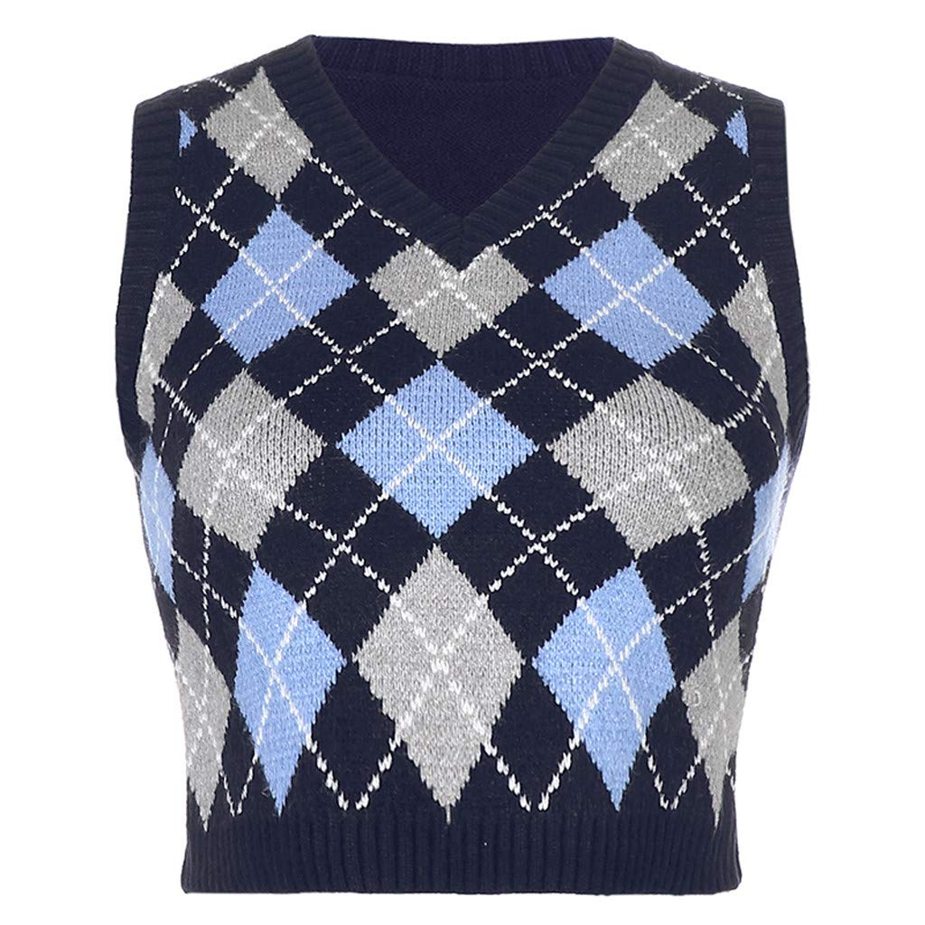 Sleeveless Jumpers for Women UK Round Neck Cropped Sweater Vest Women Plaid Waistcoat Casual Pullover Knitwear Tops Knitted Vest Plain Tank Top Round Neck Knitted Crop Tank Tops Blue