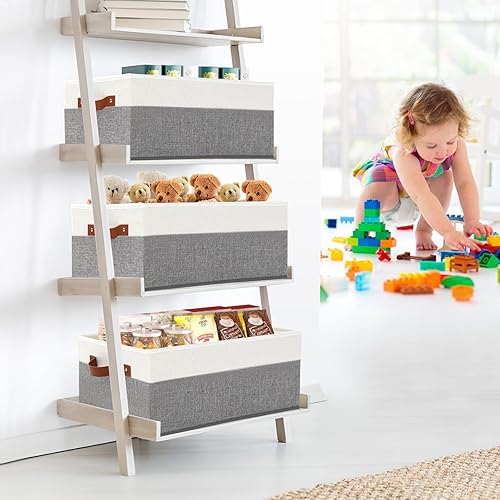 Miniatura 2 de Paquete de 3 contenedores de almacenamiento de gran capacidad para estantes, cestas de almacenamiento de armario de tela, cajas con asas de cuero