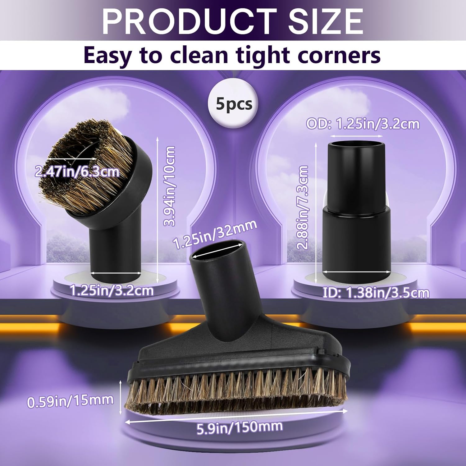 5PCS Horse Hair Brush Vacuum Attachment Set - Black Round Vacuum Attachments & Brushes - 5.9 In Long Floor Brush & Shop Vac Brush Attachment - 1 1/4" Vacuum Cleaner Adapter Included
