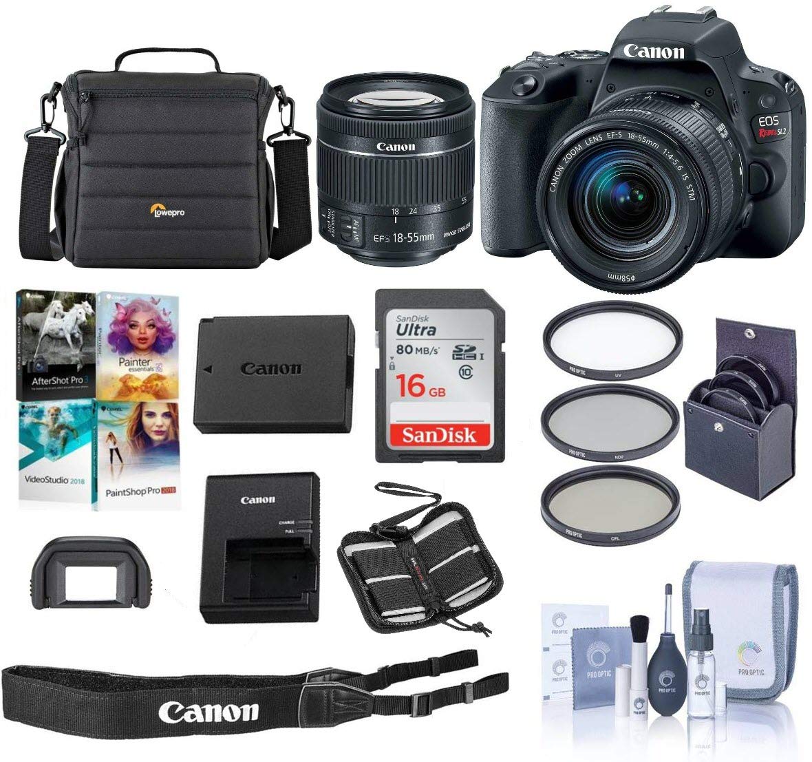 Canon EOS Rebel SL2 Camera with EF-S 18-55mm f/4-5.6 is STM Lens, Black - Bundle with 16GB Memory Card, Camera Bag, Lowepro Camera Bag, Filter Kit, Memory Card Wallet, and Corel PC Software Package