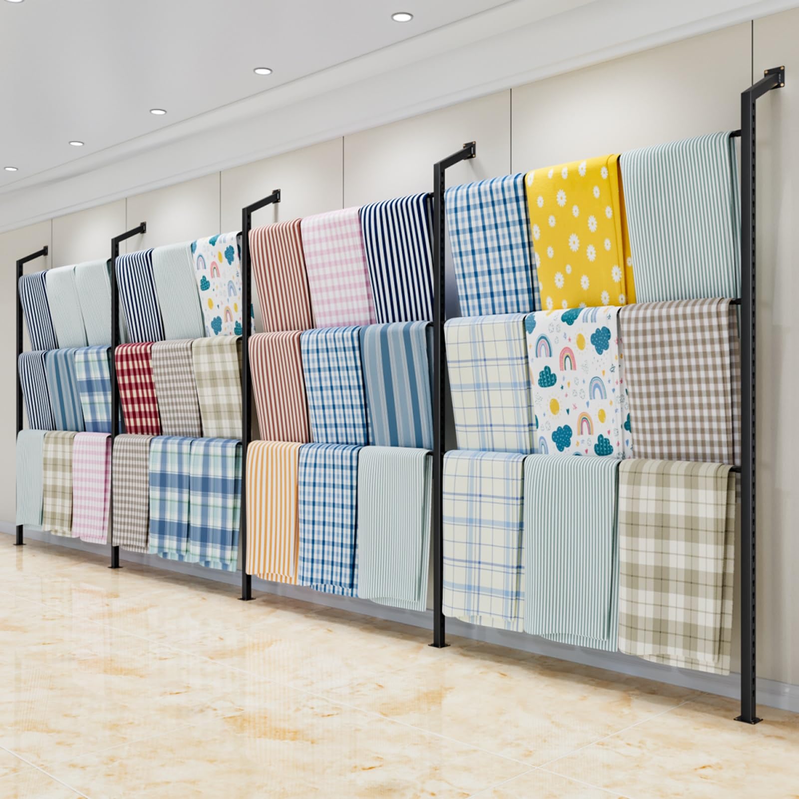 Présentoir métallique commercial de 240 cm de haut, support mural réglable pour échantillons de tissus et couvertures, étagère polyvalente pour foulards, serviettes et courtepointes, idéal p