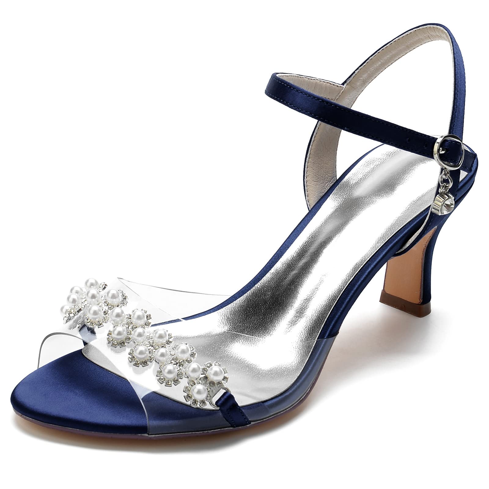Peep Toe Scarpe Eleganti con Tacco Donna Casual Scarpe da Sposa da Festa Moda Cinturino alla Caviglia Fibbia Sandali con Tacco Medio Bridal Scarpe Estivi Scarpe,Dark Blue,39 EU