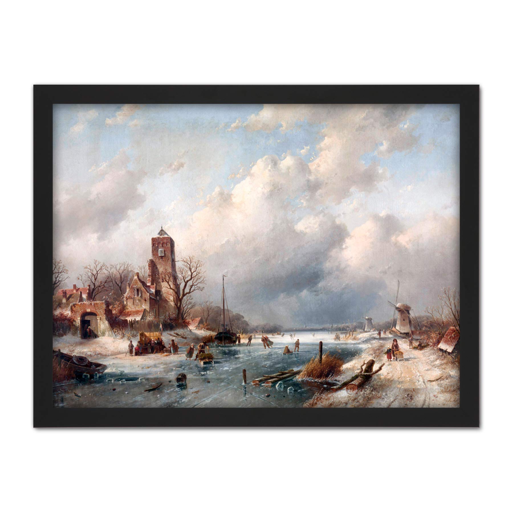 Artery8 Leickert Winter Scene Snow Landscape Painting Artwork Framed Wall Art Print 18X24 Inch