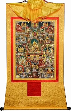 Scroll Hanging Painting,chinese scroll painting,Tibetan Thangka Wall Hanging Brocade,Buddhist Tapestry,Guru-Saint Padmasambhava and 23 Jambhalas,Gods of Wealth, Tibetan Thangka Painting Art,Buddha Tap