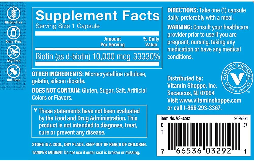 The Vitamin Shoppe Biotin 1,000MCG - Hair Growth, Skin Health & Nail Strength Support, High Potency B Vitamin (120 Capsules)
