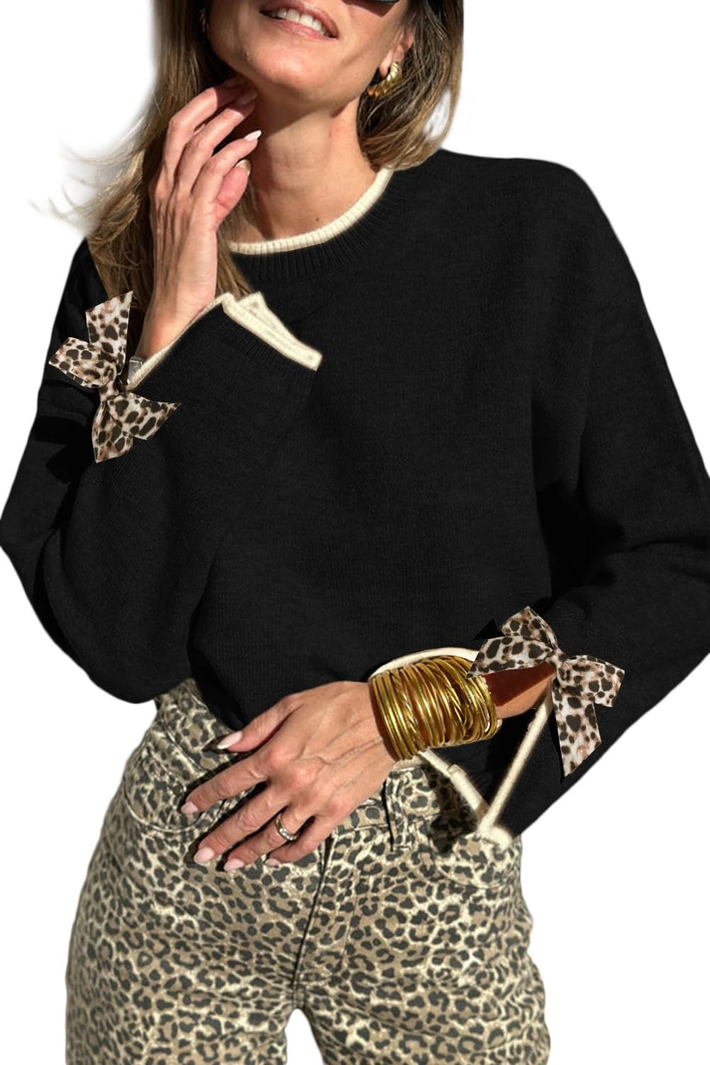 Melliflo Womens Leopard Bow Sweater Contrast Trim Pullover Sweaters Solid Color Split Cuffs Long Sleeve Knit Sweaters 2025