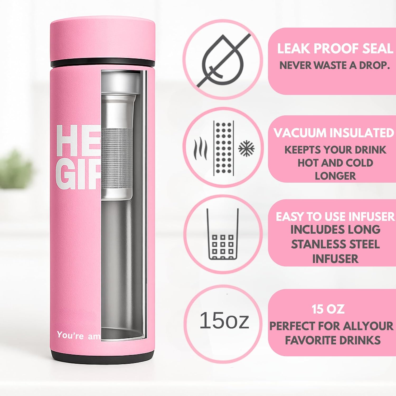 Hey Girl Tea Infuser Bottle 450ml - Insulated Stainless Steel Water Bottle - Tea Tumbler with Tea Diffuser - Portable Travel Mug for Loose Leaf Tea & Infused Water - Tea Lovers Gifts for Women (Pink) - Image 3