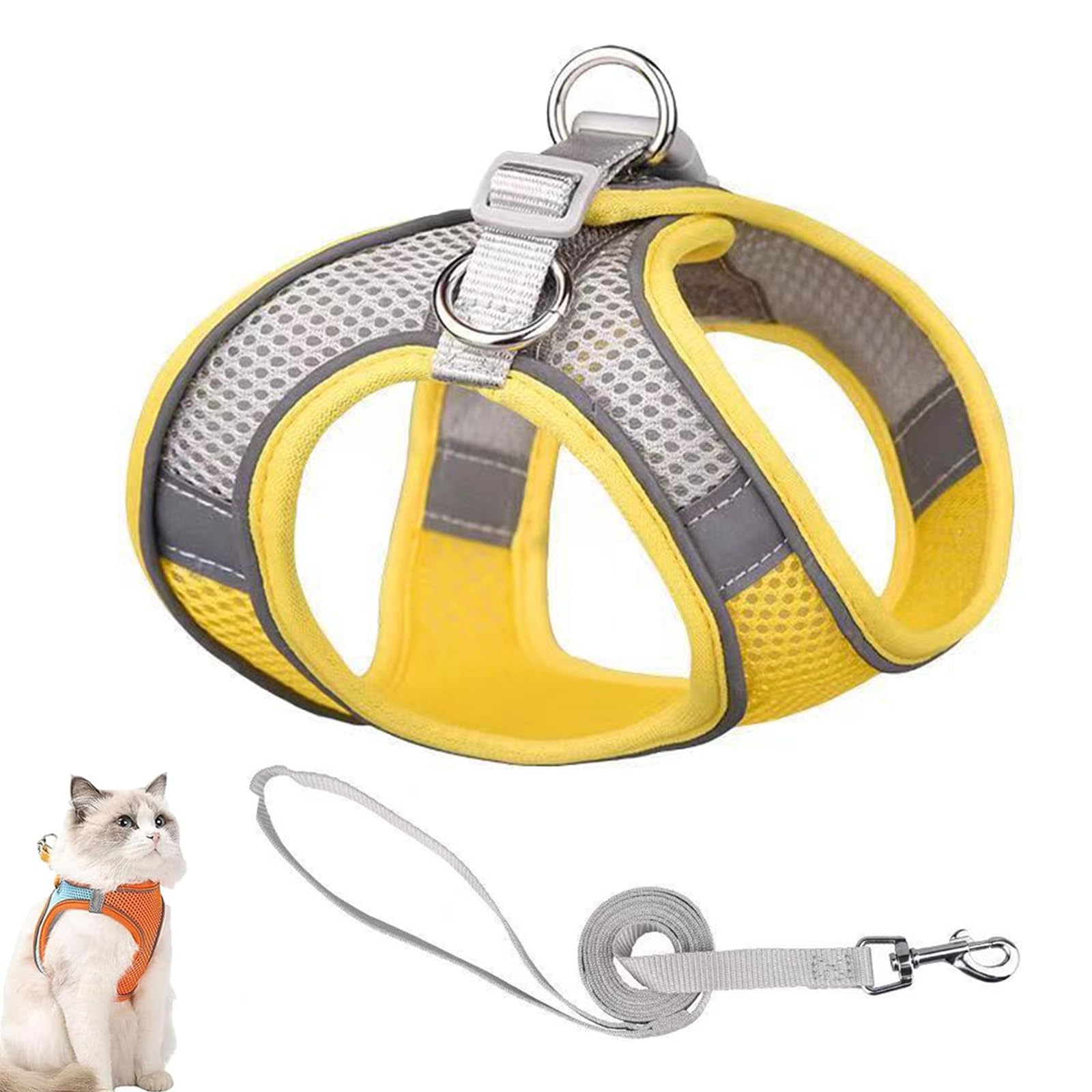 Cat Harness Design for Outdoor Cats, Cat Explorer Harness, Adjustable Soft Mesh Vest with Reflective Safety Strips, Escape Proof, Easy to Wear Cats (D,L)
