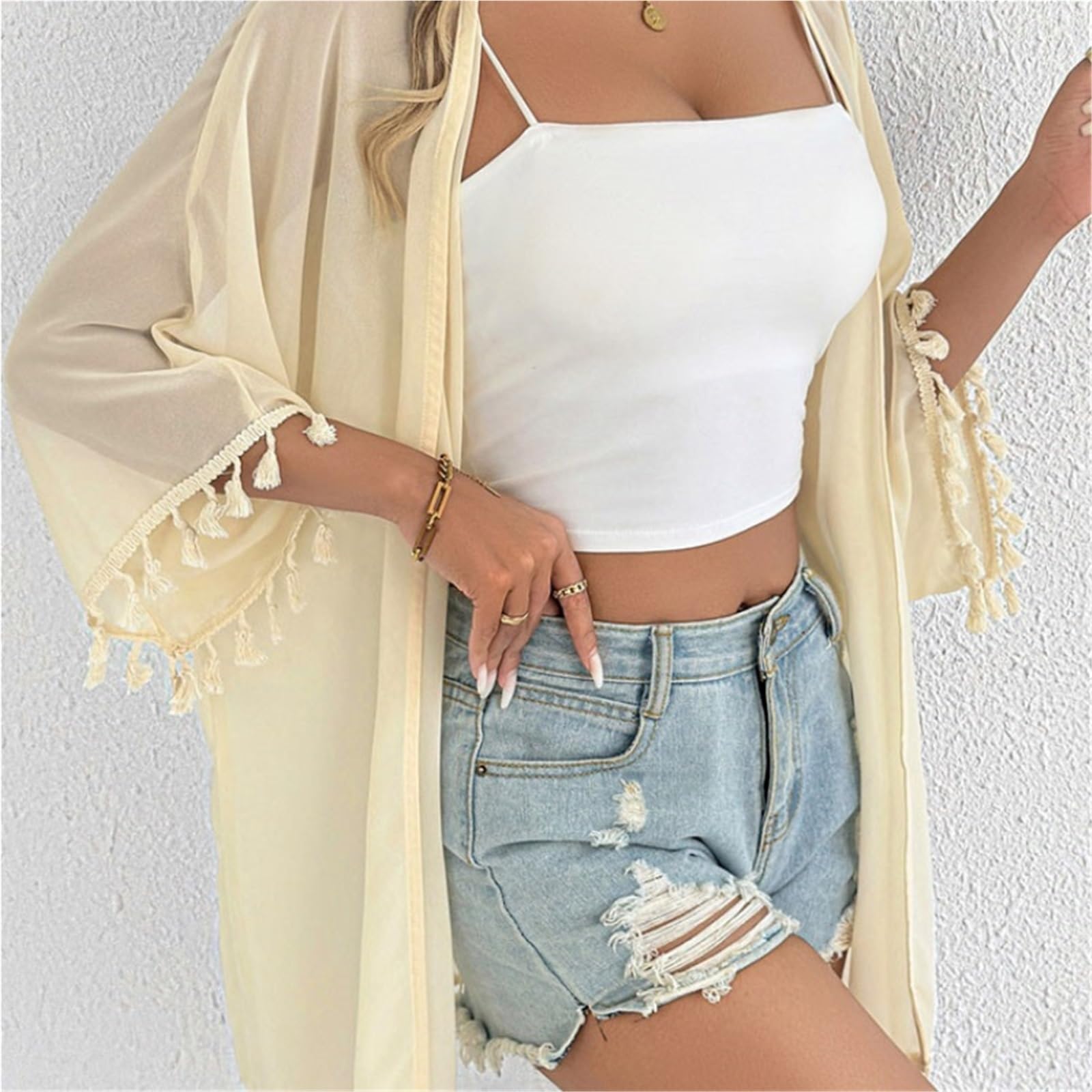 Copricostume da Bikini Copricostume da Spiaggia Donna, con Maniche Corte e Nappe, in Tinta Unita, Casual Femminile per Vacanza
