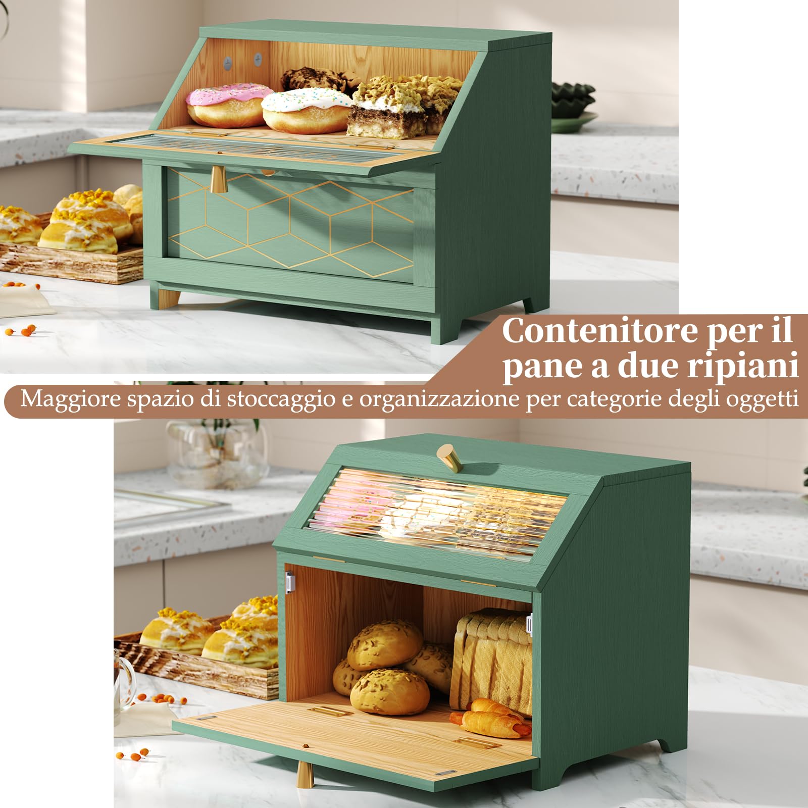 Portapane Legno a 2 Livelli con Finestra Trasparente, Portapane Moderno da Cucina con Ampio Spazio di Archiviazione, Porta Pane da Cucina per Pane, Snack e Alimenti, Verde