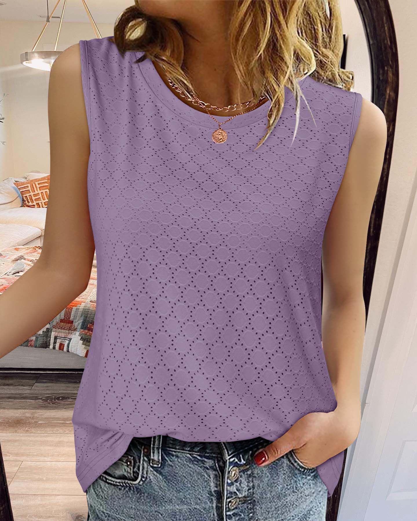 Women Tank Top Summer Eyelet T-Shirts Cute Solid Color Tunics S-2XL