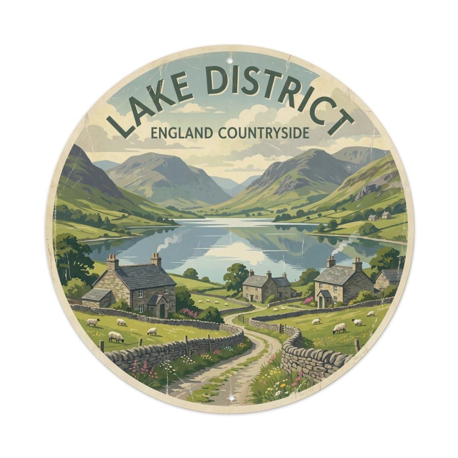 Vintage Travel Lake District England Metal Tin Sign Plaque Wall Decor for Cafe, Club, Garden Round Metal Poster 8x8Inch