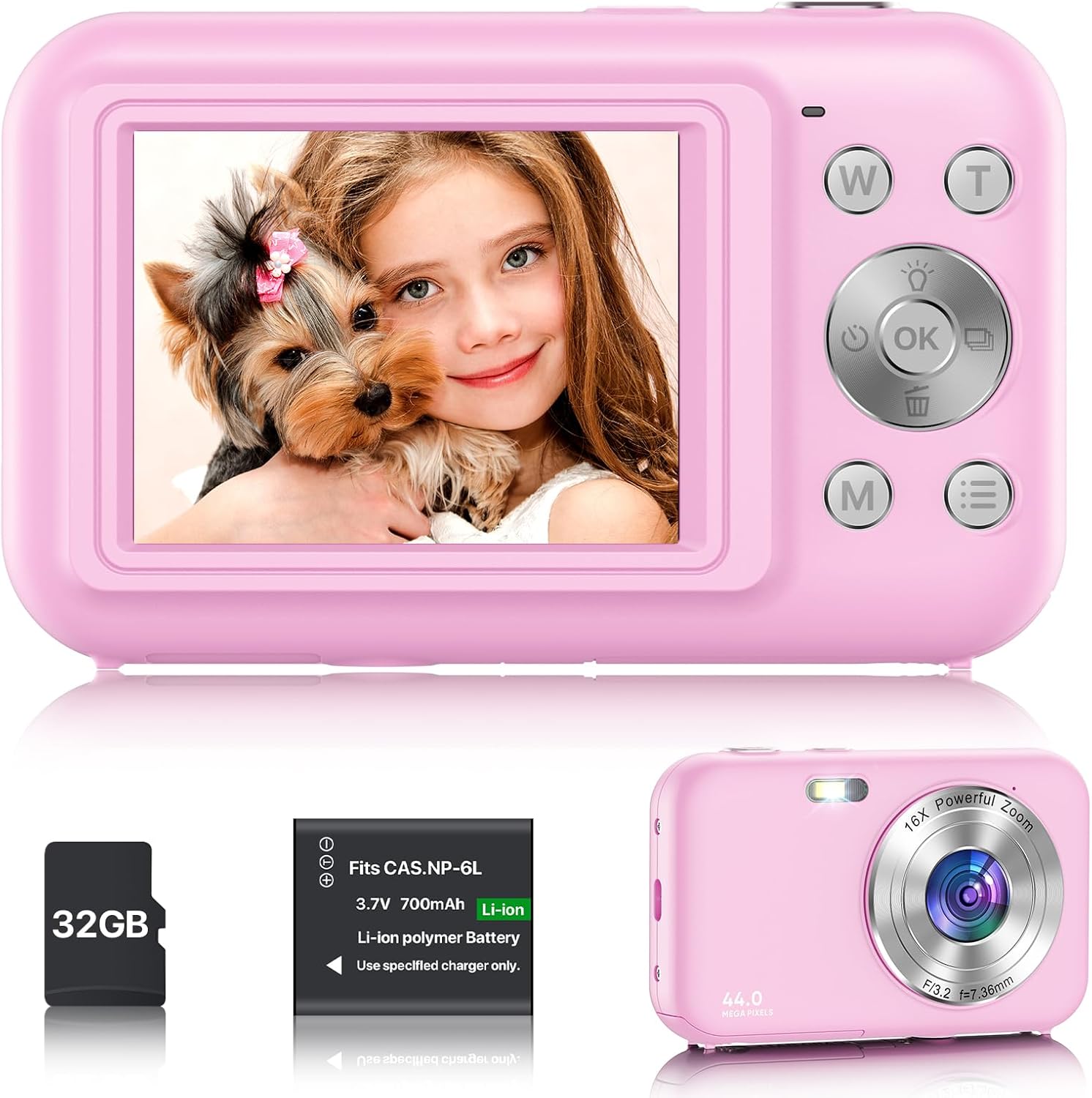 Digital Camera, FHD 1080P Digital Camera for Kids, 44MP Point and Shoot Camera with 32GB SD Card, 16X Zoom Anti Shake, Compact Portable Camera for Boys Girls Teens Beginners- Pink