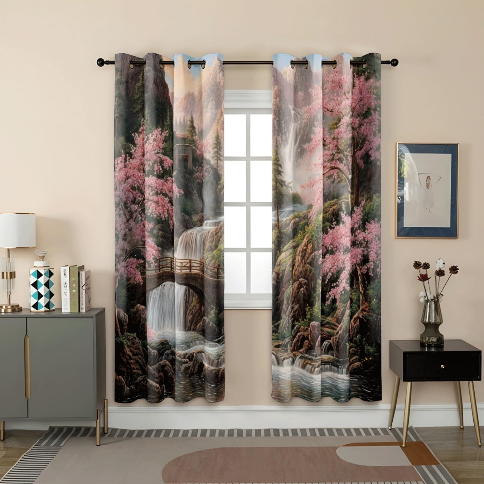 Curtain Braun Berg Rosa Gardinen Polyester Vorhang mit Ösen Blackout Curtain Waschbar Vorhänge mit Ösen Living Room Thermovorhang Schlafzimmer Verdunklungsvorhänge Blickdicht 2x140x160cm