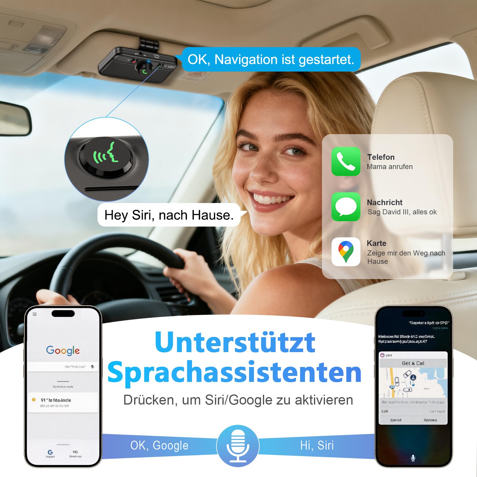 1Mii CarEcho MK02 Bluetooth 6.0 Freisprecheinrichtung für Auto, 5W Lautsprecher für Kristallklare Anrufe, Siri & Google Assistant, Automatisches Einschalten, Dual Verbindung, 35 Std Akku