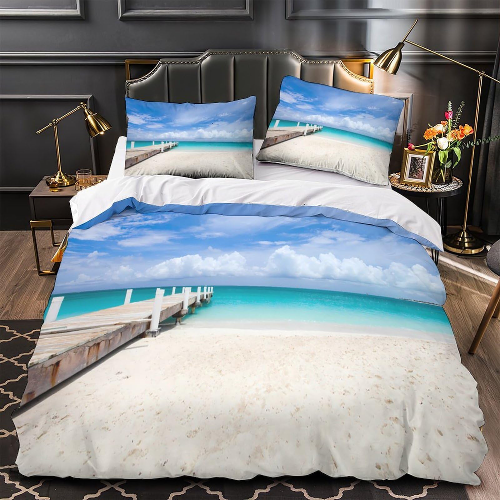 Housse de couette mer 3D 220x240 cm en microfibre avec 2 taies d'oreiller