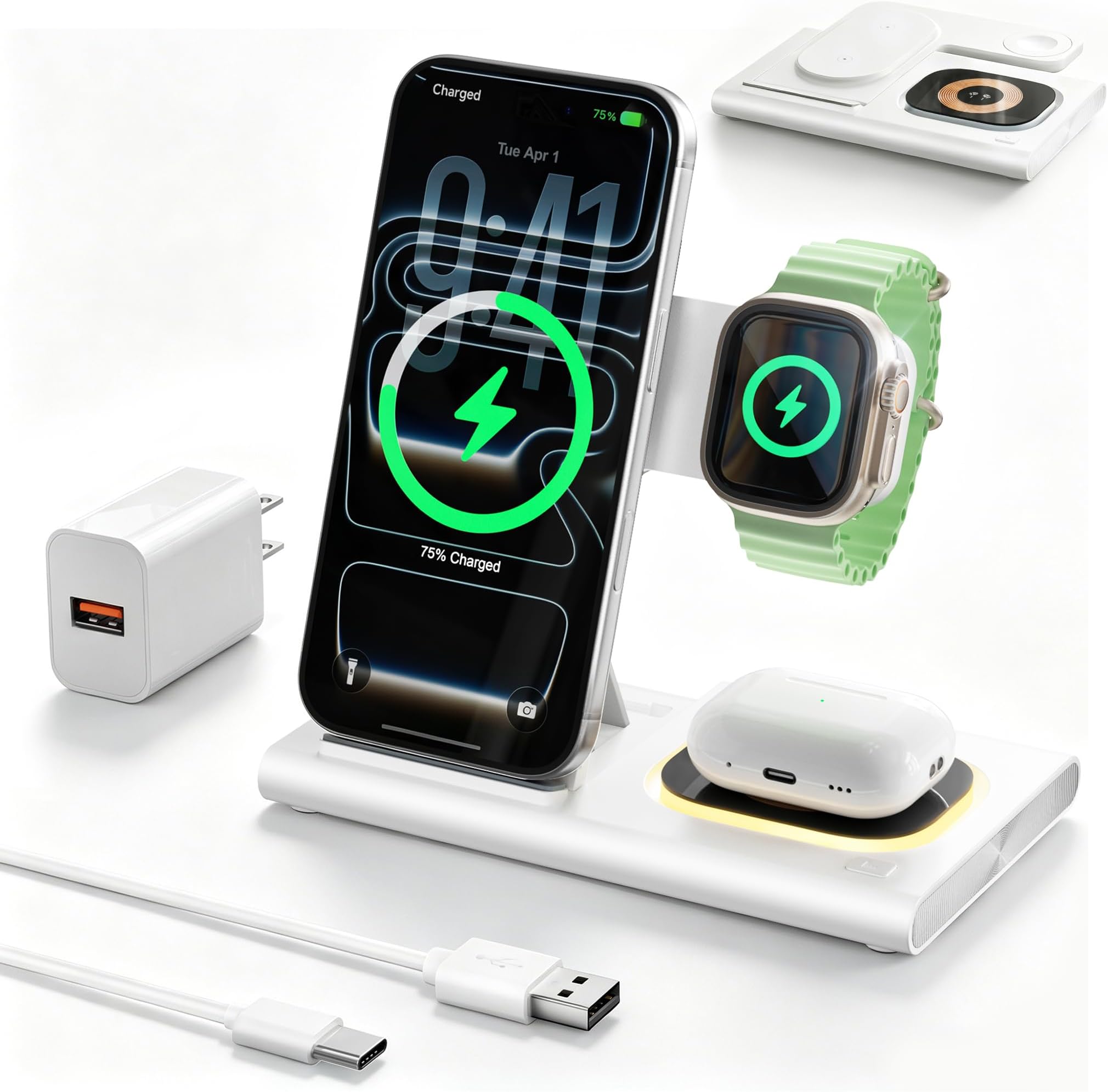 3 in 1 Foldable Charging Station for Apple Products,Wireless Charger for iPhone 17 16 15 14 13 12 Pro Max,Travel Dock Adapter&Light for iWatch Series 11 10 9 Ultra 3/2 SE 3/2,for AirPods 4 3 2 Pro 3/2