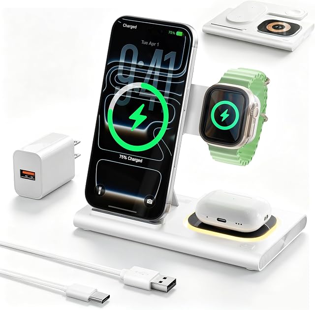 3 en 1 Station de recharge pliable pour chargeur sans fil Apple pour iPhone 17 16 15 14 Series, Station de recharge sans fil iWatch Series 11 10 Ultra 3/2 SE 3/2 Chargeur pour AirPods 4/3/2/Pro 3/Pro 2