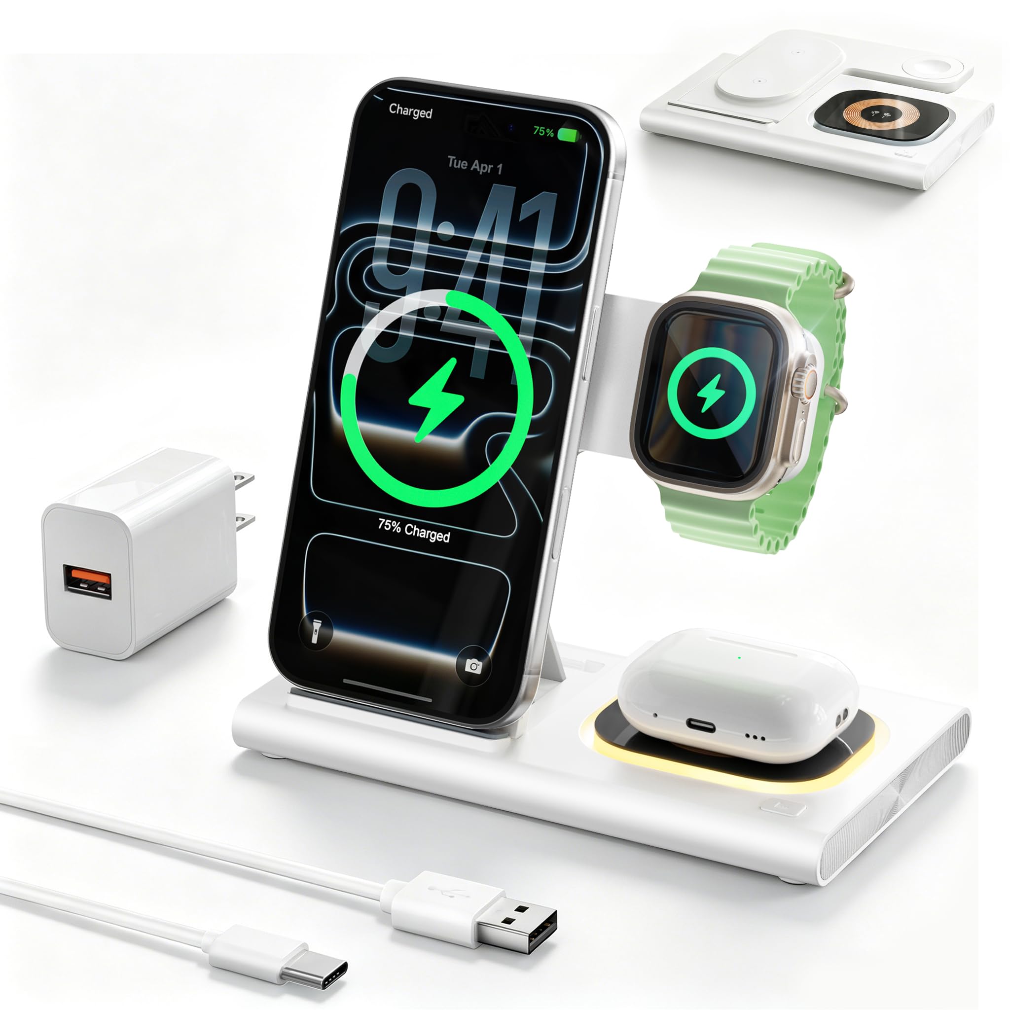 Apple ワイヤレス充電ケース Wireless Charging Case… Amazon.com: 3 in 1 Foldable Charging Station for Apple Products