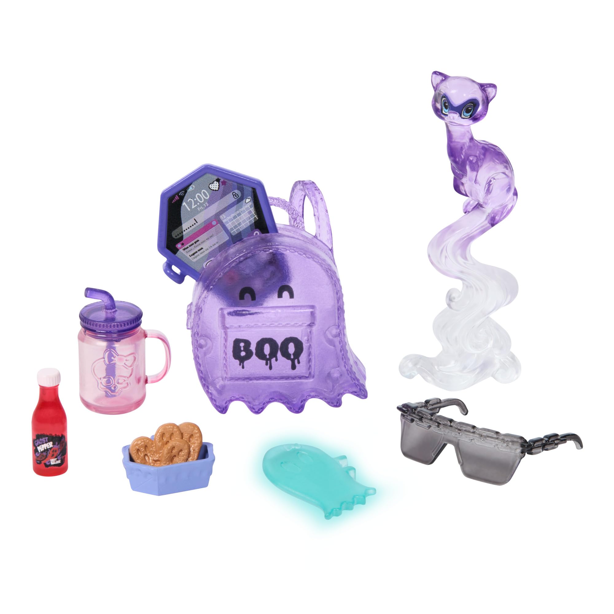 Monster High Spectra Vondergeist Lalka + zwierzątko Rhuen oraz akcesoria, takie jak plecak, „tablet” i „przekąski”, HXH77