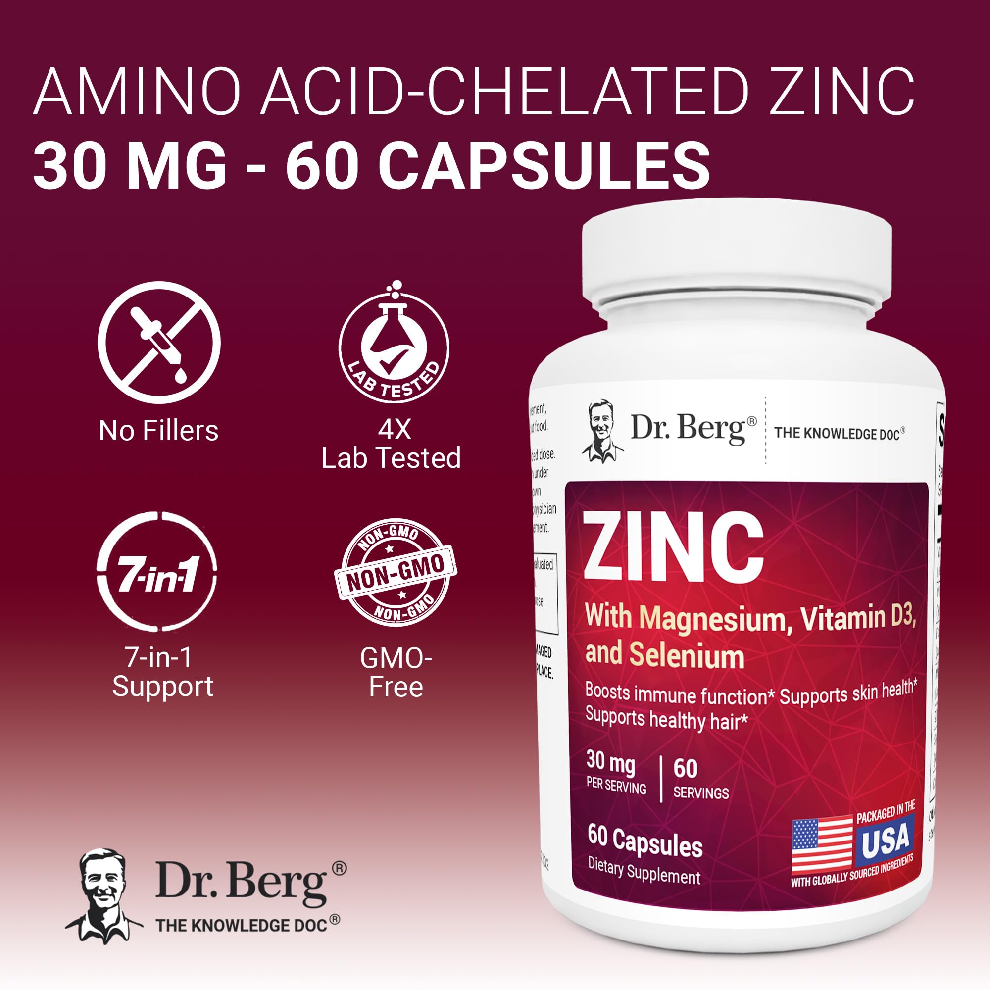 Dr. Berg Zinc 30 mg (60 Capsules) – High Potency 7-in-1 Immune Support Formula – Chelated Zinc with Vitamin D & Selenium for Healthy Skin, Hair & Daily Wellness – No Fillers, 4X Tested* — Amazon image 2