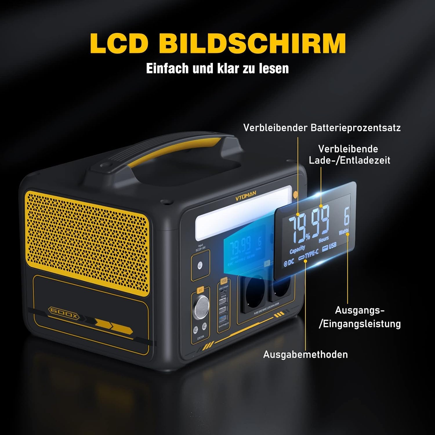 VTOMAN Jump 600X Tragbare Powerstation 600W - 299Wh Solar Generator LiFePO4 Batterie Stromgenerator Mobile mit 2x 600W (1200W Spitze), Erweiterbare Kapazität für Camping Wohnmobil Notfall
