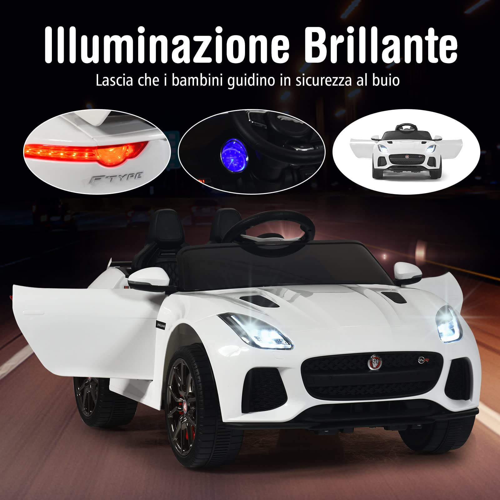 RELAX4LIFE Macchina Elettrica Jaguar F per Bambini 12V, con Telecomando 2.4G e Musica, USB, Luci LED e Clacson, 2 Portiere Apribili, 3 Anni+,107,5 x 66 x 50 cm(BIANCO)
