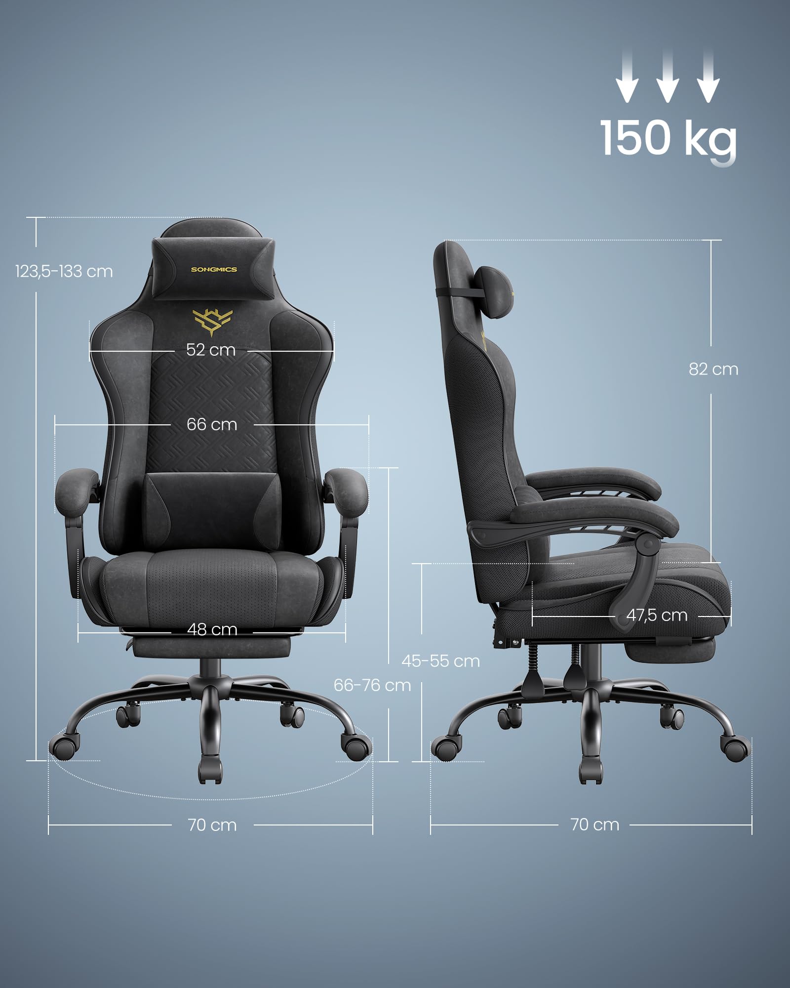 SONGMICS Krzesło do gier, krzesło biurowe, ergonomiczne, fotel gamingowy, poduszka sprężynowa, podnóżek, podłokietniki z mechanizmem synchronicznym, tusz czarny OBG079B01