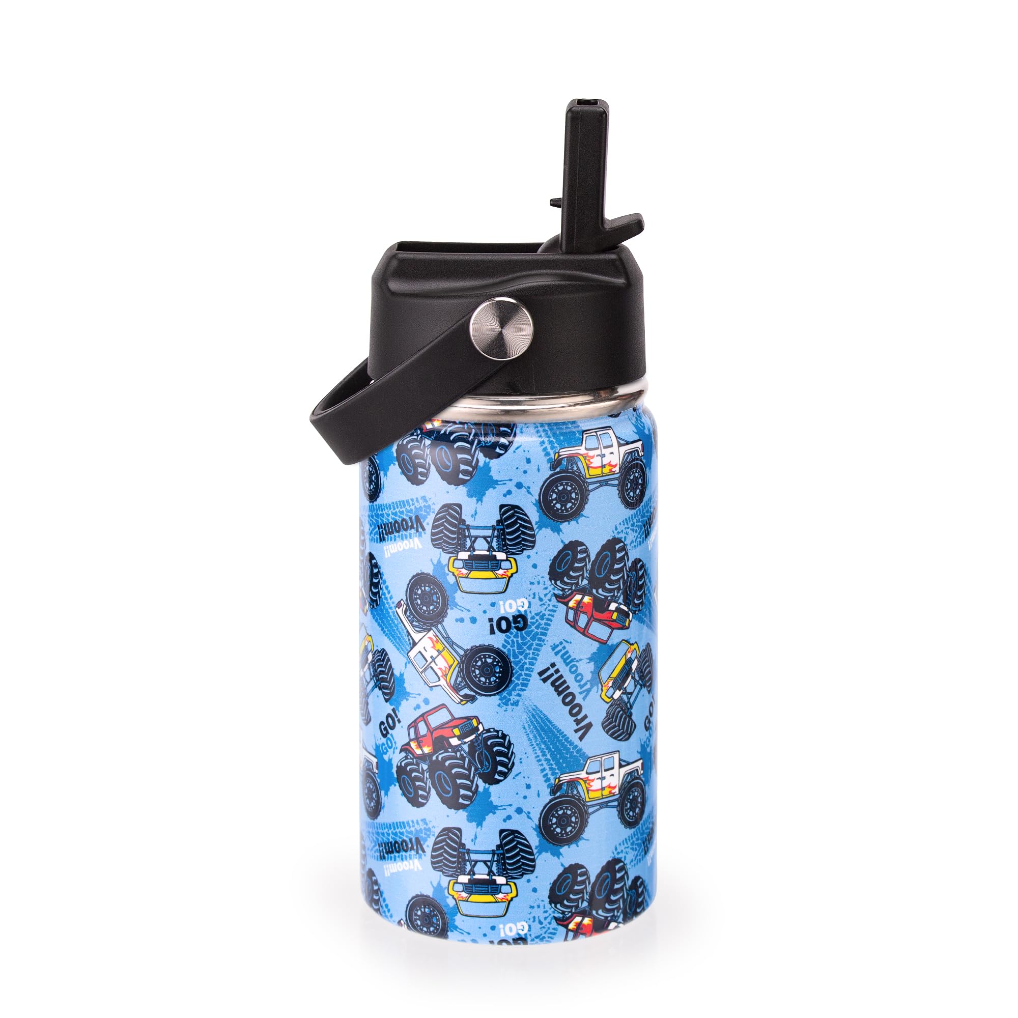 12oz Kids Insulated Water Bottle with Flip Straw & Big Handle, Monster Jam Truck, Double Wall 18/8 Stainless Steel, Leakproof Gift for Kids Boys to School Travel Sports, Hands Wash Only, Blue