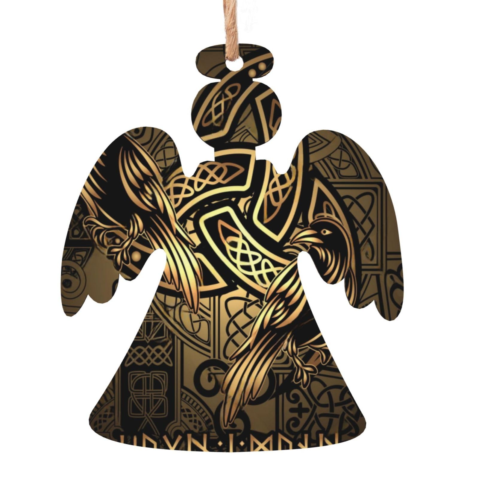 6pcs Angel Shape Christmas Wooden Ornaments, Vikings Norse Mythology with Odin Ravens Celtic Knot Wood Slices with Holes Crafts Christmas Tree Hanging Santa Decor