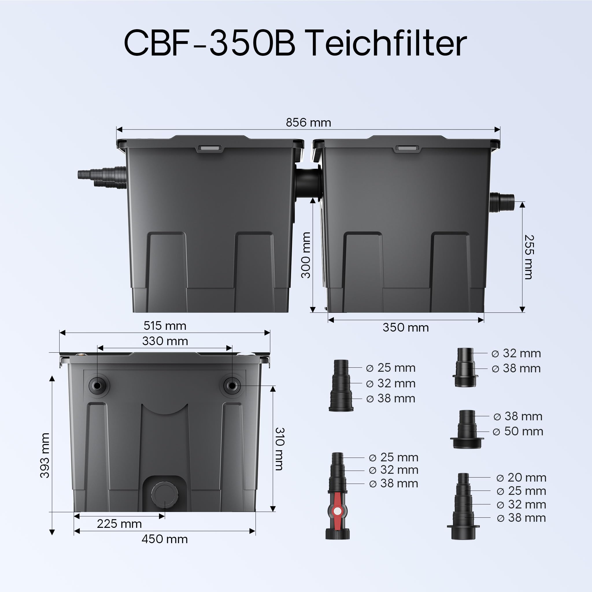 SunSun CBF-350B Teichfilter bis 60000 L NEO10000 Teichpumpe 10000l/h 80W CUV-236 UVC Klärer 36W 25m Teichschlauch 25mm Y-Verteiler