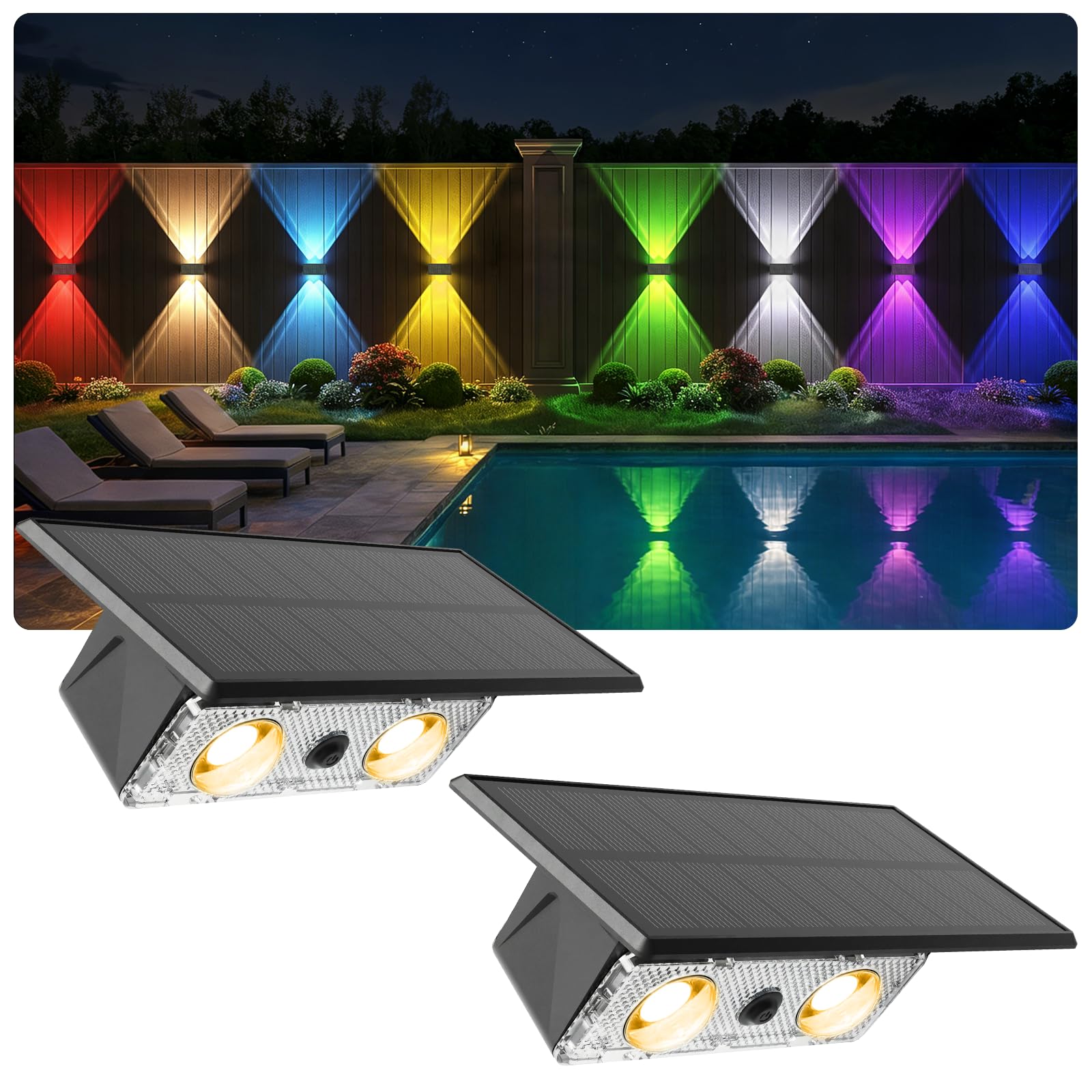 Solar Lampen für Außen, Solar Wandleuchte Warmweiß + RGB Up and Down Leuchten für Aussen Garten, IP65 Wasserdicht mit 9 Leuchtmodi, Außenwandleuchten für Garten Terrasse Zaun Balkon Hof, 2er Set