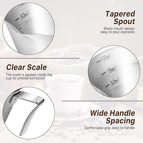 Miniatura 5 de Aemygo Paquete de 4 tazas de café expreso con asa, tazas medidoras de café expreso, aptas para lavavajillas, taza de vertido de acero inoxidable
