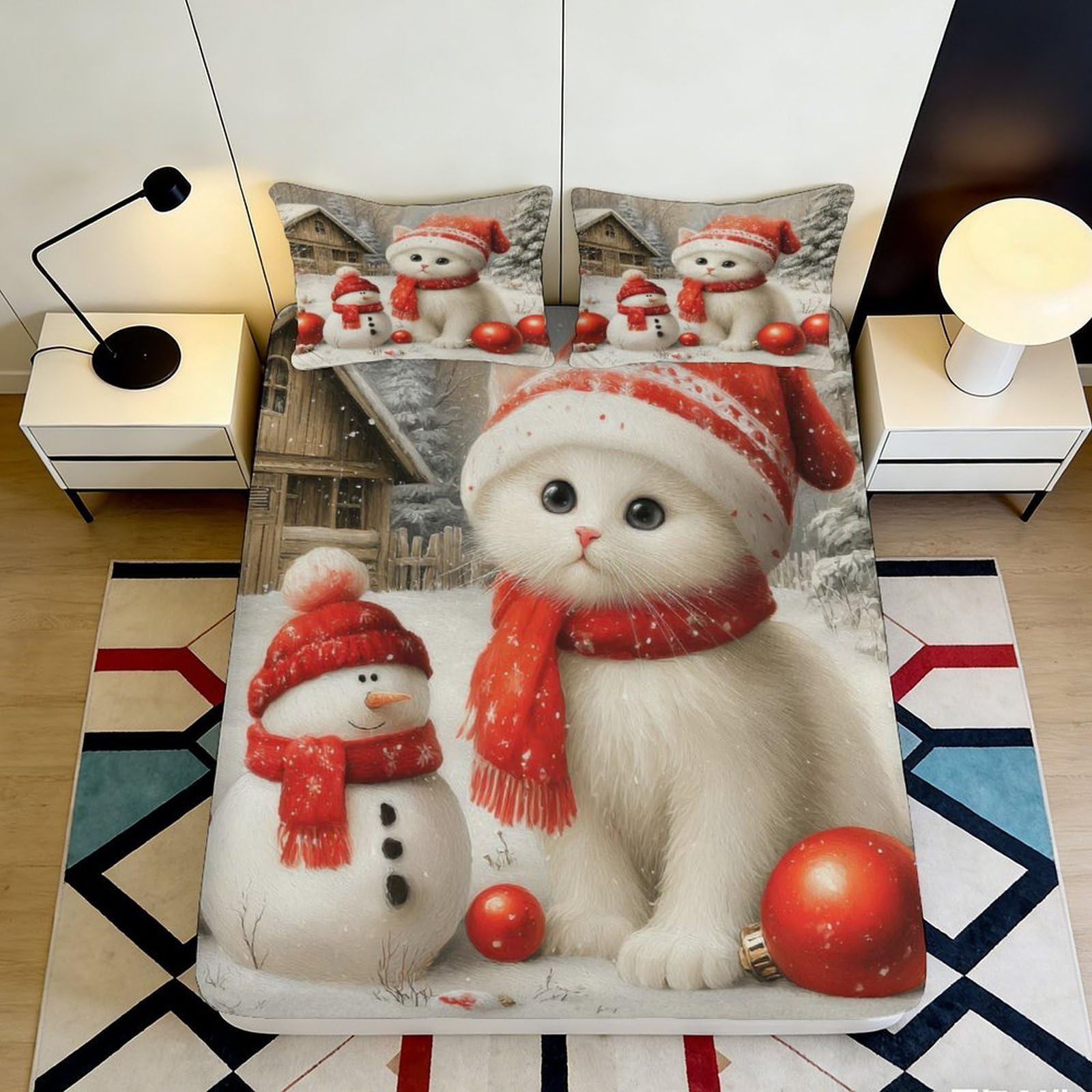 3D Printed Christmas Cat Fitted Sheet Microfiber Soft Red Snowman Bed Cover for Bedroom Dorm Mattress Decor 90x200x25cm