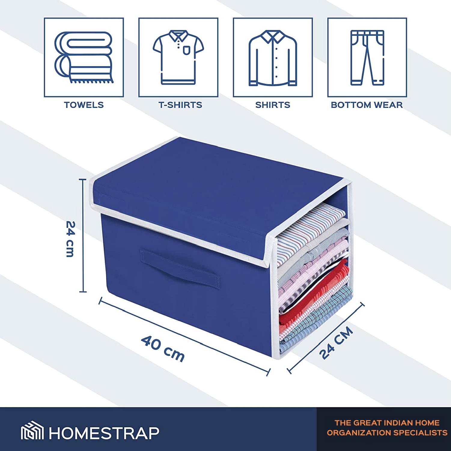 HomeStrap Stackable Shirt Organizer with Cover Lid Non Woven Navy Blue 4PC
