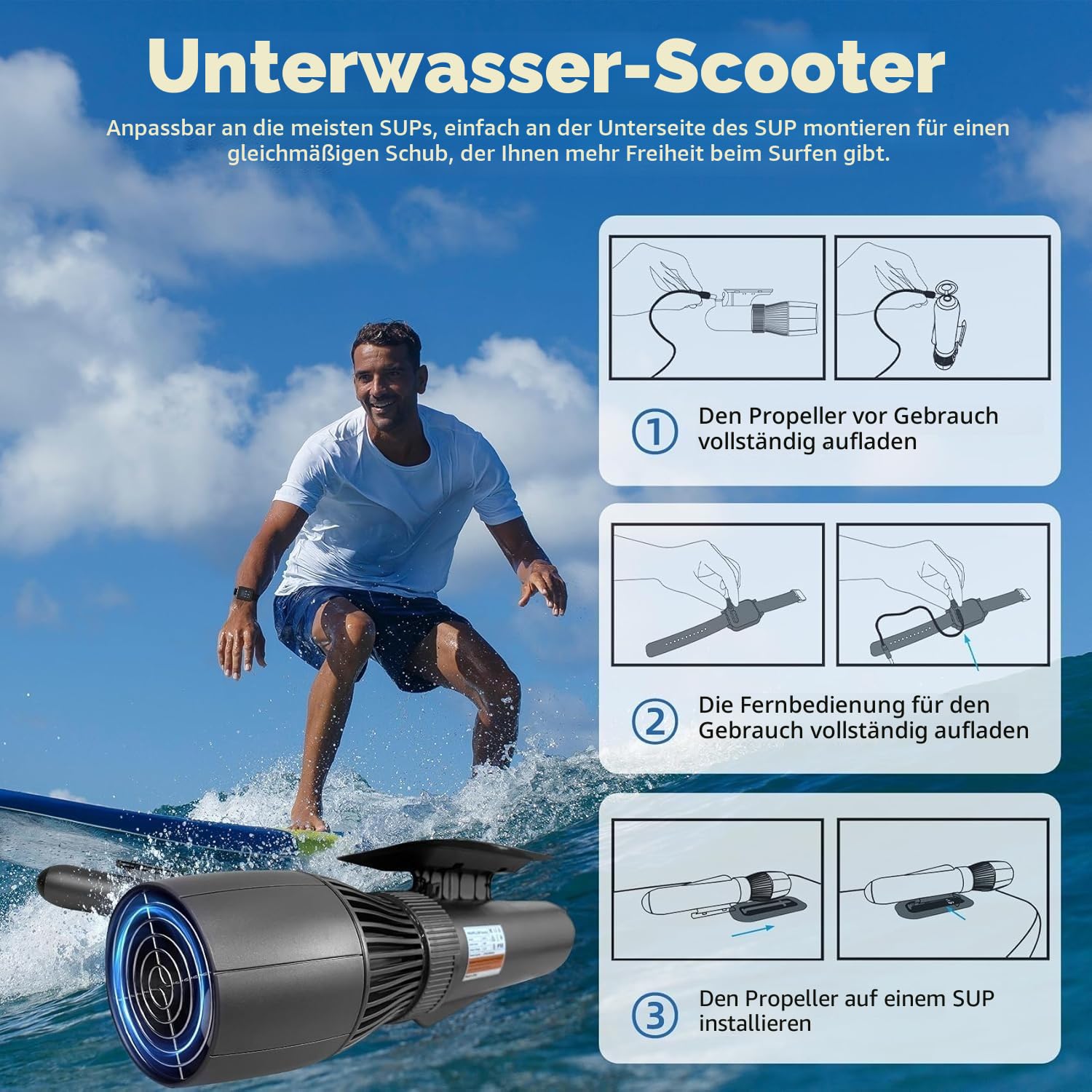 Unterwasserscooter 500W/10000 mAh, 130-Minuten Laufzeit, 10-Gang-Einstellbar (2,9-6,9 km/h), familienfreundlicher Unterwasser-Meer-Scooter für SUP-Paddelbrett, Pooltauchen und Schnorcheln