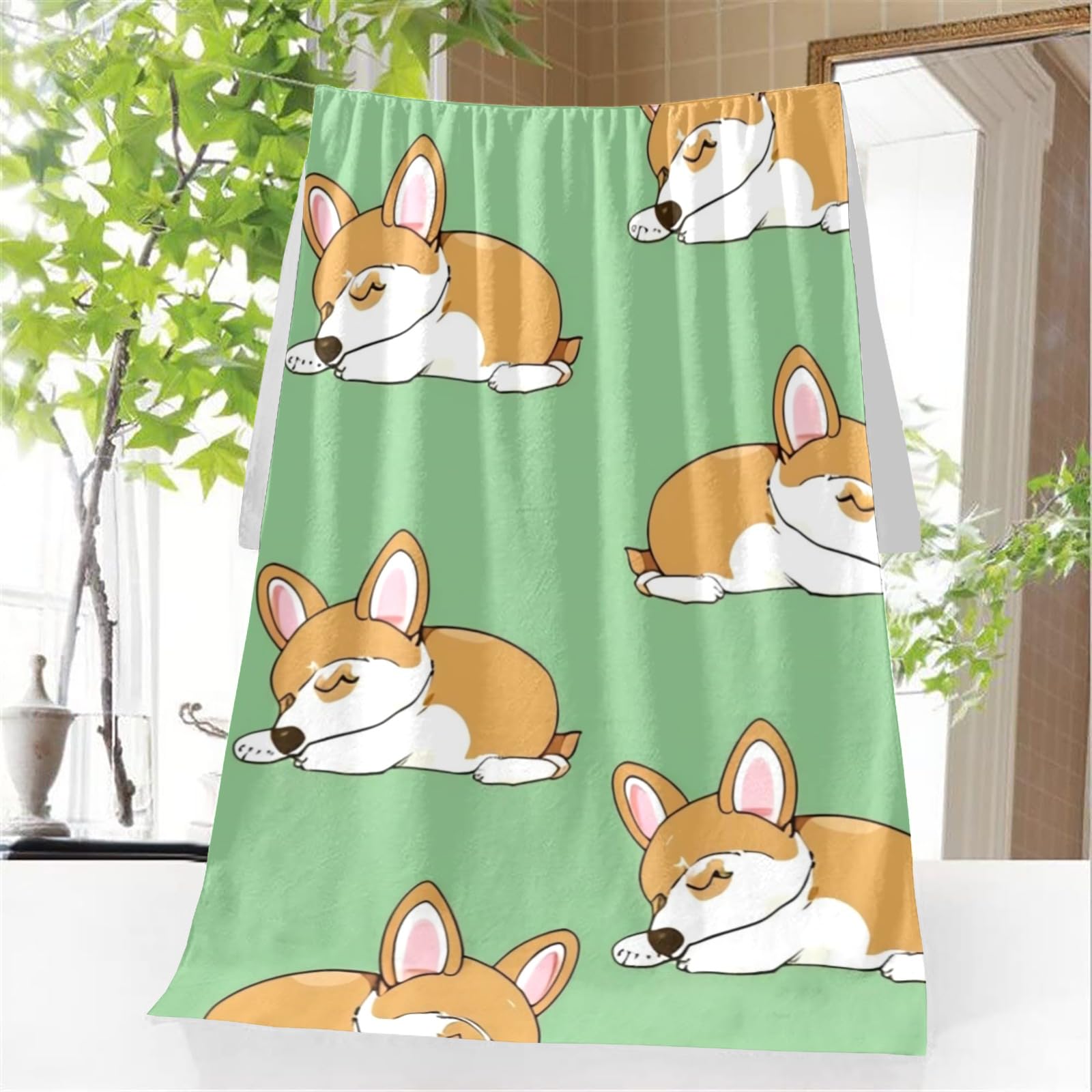 Corgi ręcznik kąpielowy do spania, zestaw 3 szt., uroczy ręcznik kąpielowy dla psa, ręcznik do rąk i myjka do hotelu, spa, łazienki