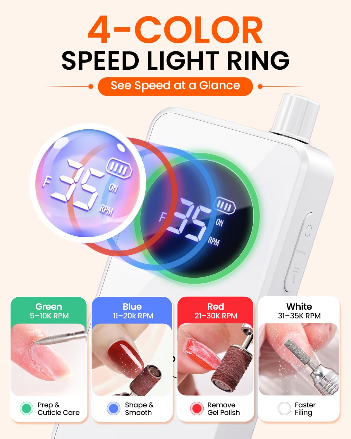 Makartt Kabelloser Nagelbohrer - Elektrische Nagelfeile 35000 Tragbare Elektrische Nagelbohrmaschine Kit Nagelfeile Efile Set für Acrylgelnägel mit Bits Schleifbänder Weiß