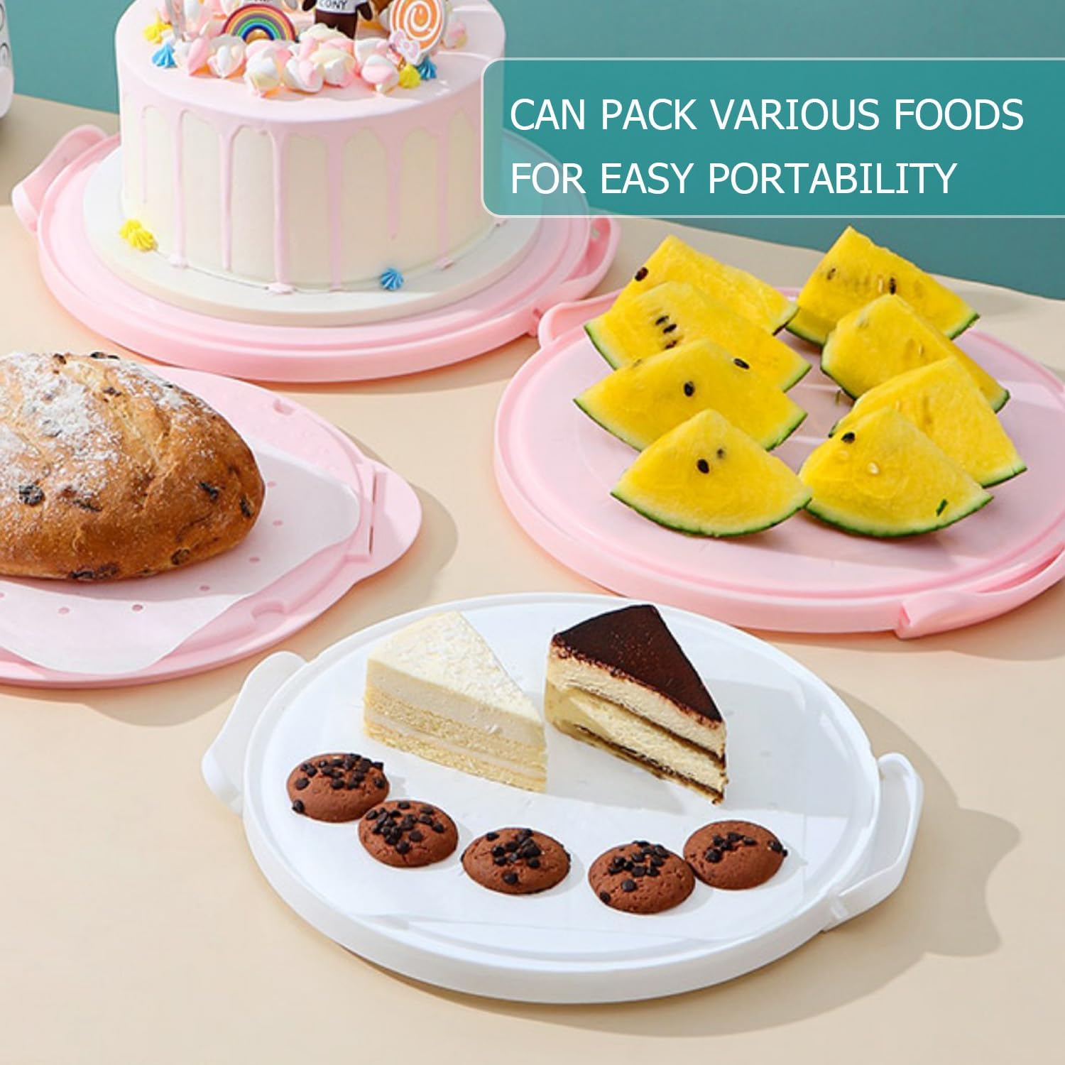 Cake Carrier Round Cake Stand Plus Height Cake Container with Cupcakes Pad, Handle, Lid Reusable Package Box for Transporting Desserts,Pie,Toast,Fruit (10" White) - Image 3