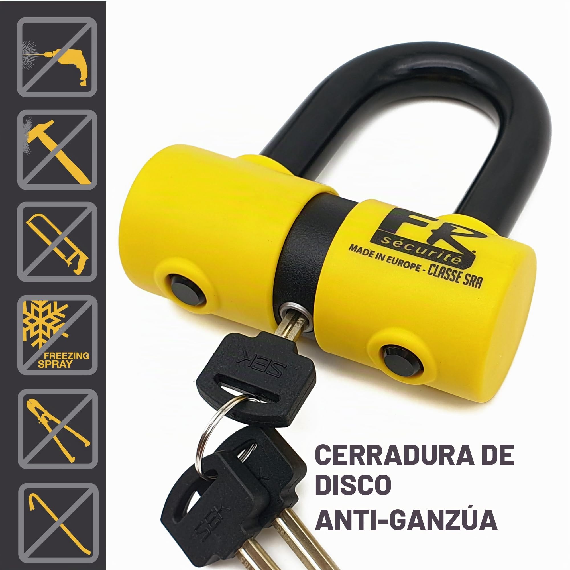 FR SECURITE FR50 Candado Moto Disco Mini U Homologado SRA, Arco ø18mm de Acero Templado, Doble Cierre, Cerradura Alta Seguridad Antiganzúa, Cable Recordatorio, Bloqueo Antirrobo Cepo Disco Freno